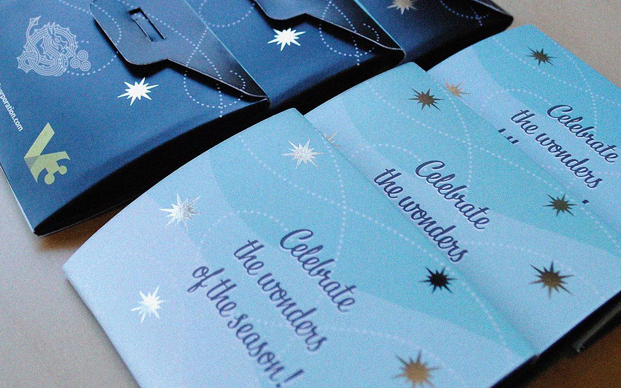 V3 Corporation, gift card box design, packaging design, foil stamps, holiday season graphics